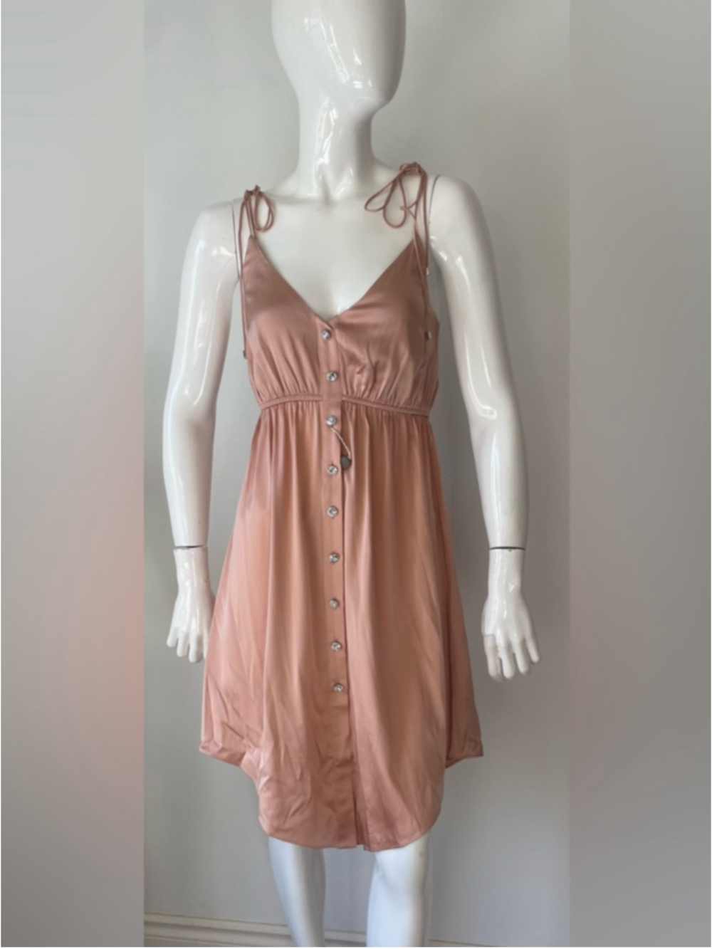 RETROFÊTE Diane Silk Mini Dress Dusty Rose Rhinestone Button Slip Size S - Picture 2 of 9